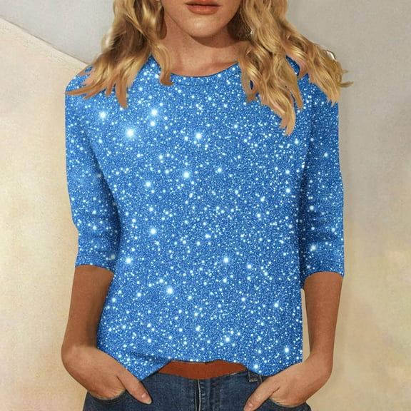 Cavosen Glitter Tops for Women Sparkly Print Pullover Shirts 3/4 Sleeve Round Neck Shiny Blouse Solid Color Party Tshirts Stylish Casual Dressy Elegant Evening Tees Holiday 2XL