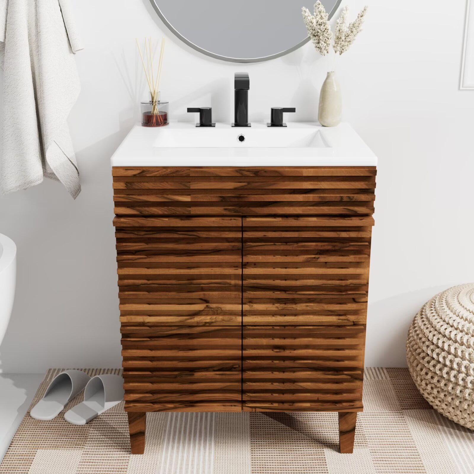 Nature Acacia Wood Bathroom Vanity with Integrated Ceramic Sink, 24" Freestanding Bathroom Vanity Cabinet with 2 Invisible Soft Closing Doors, Acacia Wood Grain