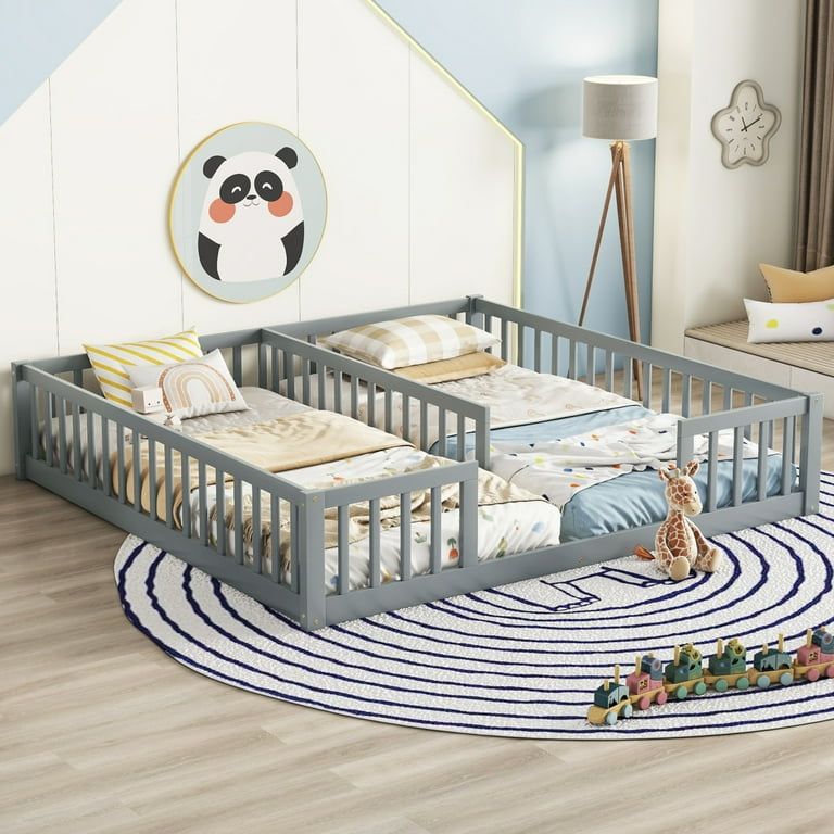 Low Ground Double Twin Kids Floor Bed with Guardrails Small Space Montessori Bed Frame Gray Easy Assemble Walmart