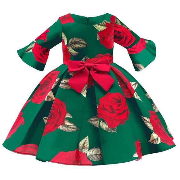 EGNMCR Evening Gowns for Women, Formal Dresses for Women, Women's Cocktail Dresses Girls Dress Toddler Girls Satin Long Sleeve Bowknot Rose Print Birthday Party Gown Long Dresses Girl Dress