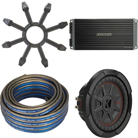 Kicker 48CWRT84 CompRT 8" Subwoofer, DVC, 4-ohm w/ 47Key5001 Amp & Speaker Wire, Grill Bundle
