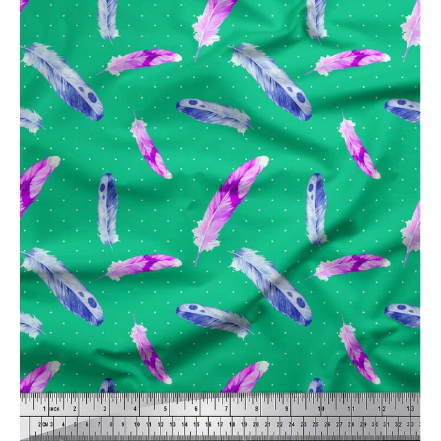 Soimoi Green Poly Georgette Fabric Feathers & Dots Print Fabric by the Yard 52 Inch Wide