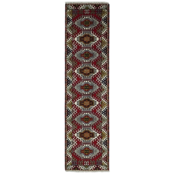 Hand Knotted Antique Kazak Runner Ivory and Red Traditional Tribal Armenian Rug | KZA4