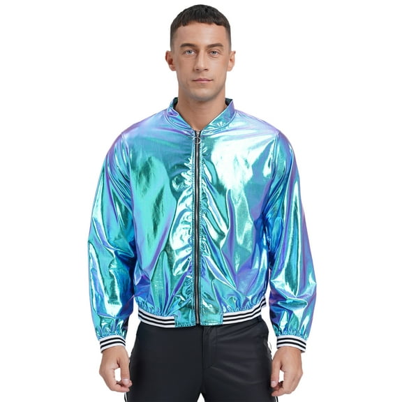 inlzdz Mens Shiny Metallic Bomber Jackets Zip Up Outerwear for Disco Party Blue XL