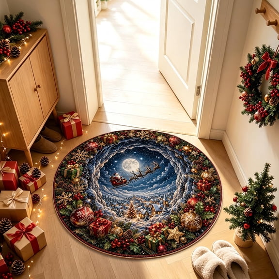 3D Illusion Christmas Doormat – 23.62in Round Non-Slip Polyester Mat, Absorbent & Easy Clean, for Front Door Kitchen Bathroom Holiday Decor