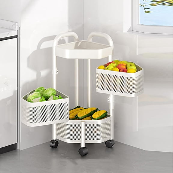 3-Tier Carbon Steel Rotating Vegetable Organizer with Lockable Casters, Fruit and Vegetable Storage Basket,Rotating Storage Rack Cart