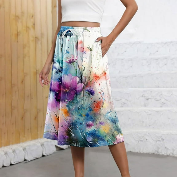 HCURIBAD Women's Boho Summer Floral Print Lightweight Drawstring High Waist Midi Skirt with Pockets Floral Skirt, Skirts for Women Flowy Skirt Womens Skirts Purple L