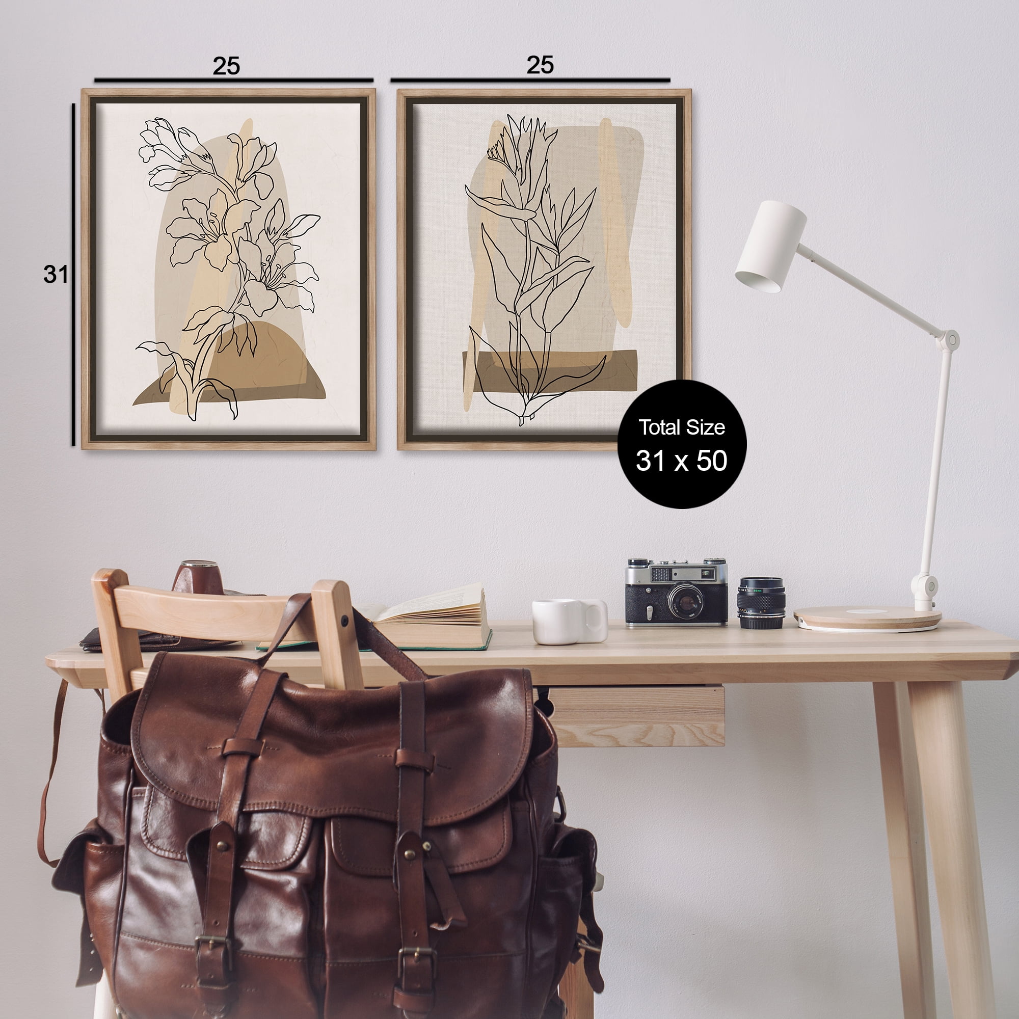Stupell Industries Natural Flower Outlines Plants & Flowers Painting Brown Floater Framed Canvas Art Print Wall Art, 31 x 25, Set of 2