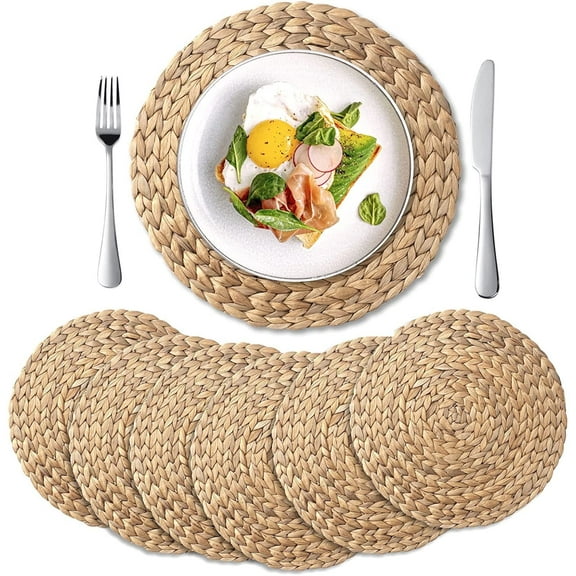 4 Pack, Round Woven Placemats, Natural Water Hyacinth Wicker Place mats, Braided Straw Table Mats for Dining Table, Fall, Halloween, Thanksgiving, Chrismats (15 inch)