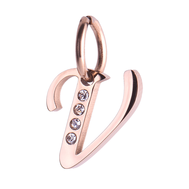 Charm para Pulsera LuckyLy, Dije Inicial Letra A, Acero Inoxidable con Baño de Oro Rosa 18k y Zirconia Cúbica, Modelo Lizzy rosa Letra V