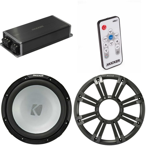Kicker Marine KPX500.1 Powersports Amp & 12" 2 Ohm ( Charcoal Grill ) Subwoofer Audio Upgrade, Includes LED Remote