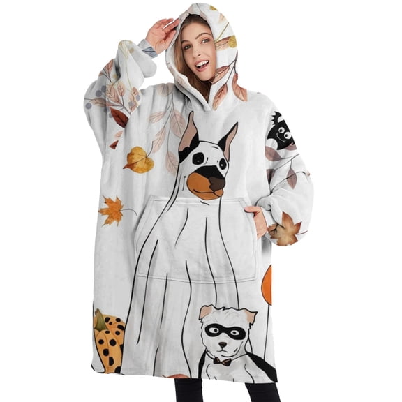 Oversized Wearable Blanket Hoodie,Halloween Dogs in Ghost Costumes Sherpa Blanket Hoodie with Super Pockets,Super Warm Fuzzy Pullover for Women & Men