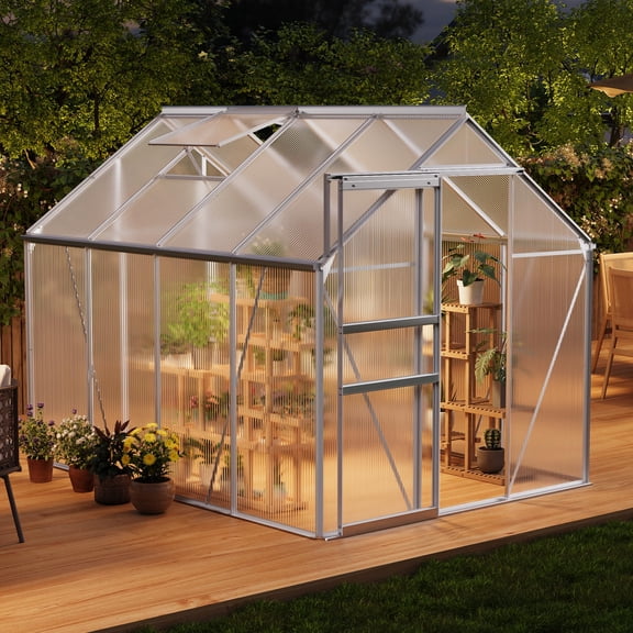 Heavy-Duty Polycarbonate Walk-in Greenhouse 6x8 FT – Aluminum Frame, Sliding Door, Adjustable Roof Vent, Spacious Garden House for Backyard, Patio, Plants