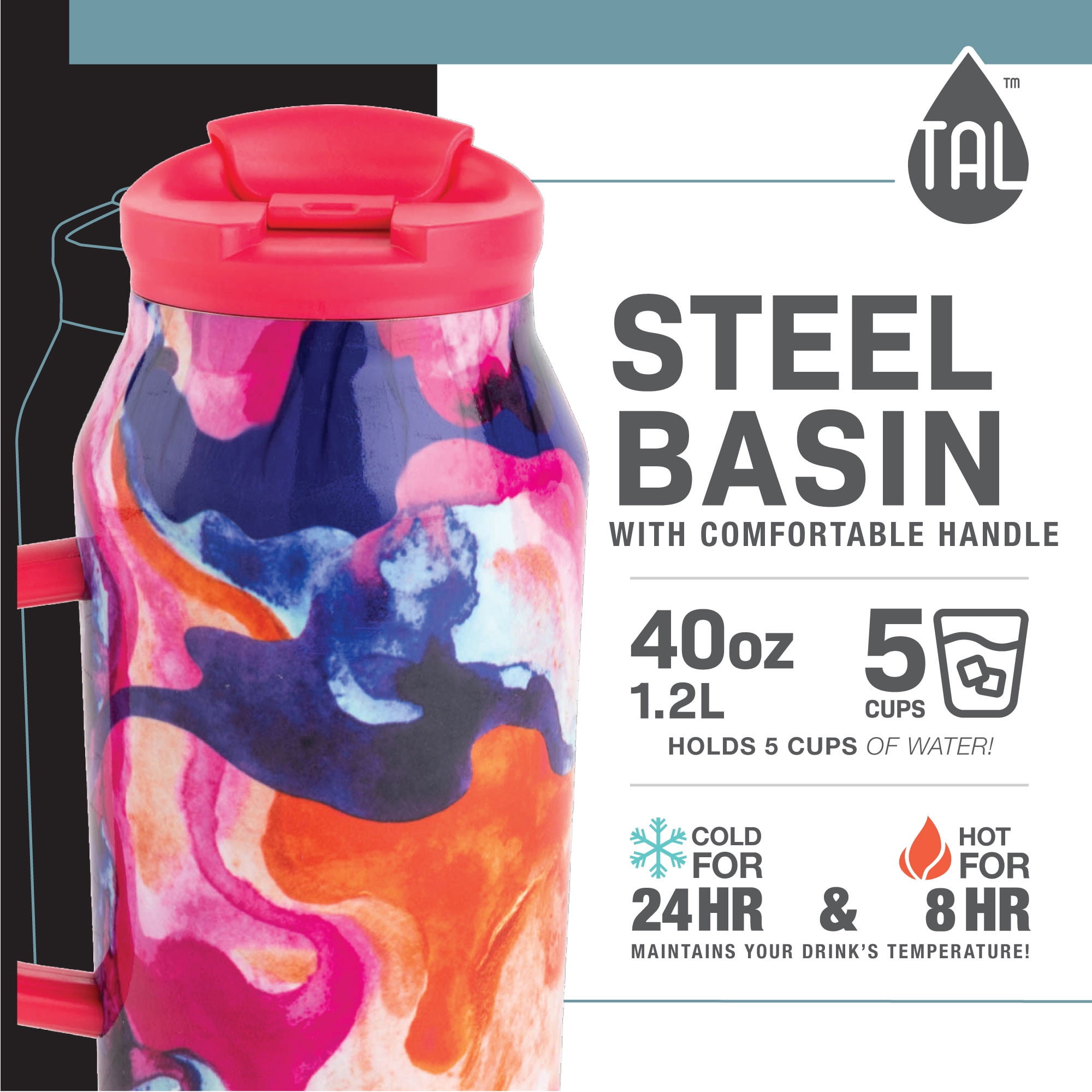 TAL Stainless Steel Water Bottle Bundle, 9 Piece Set, 40 fl oz, 24 fl oz,  18 fl oz, Black, Snake and Grey 