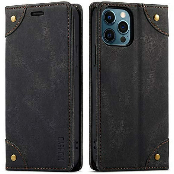 MOHEYO Luxury Wallet Flip Cover Soft Leather Card Holder Case for iPhone 12 Pro Max - Black