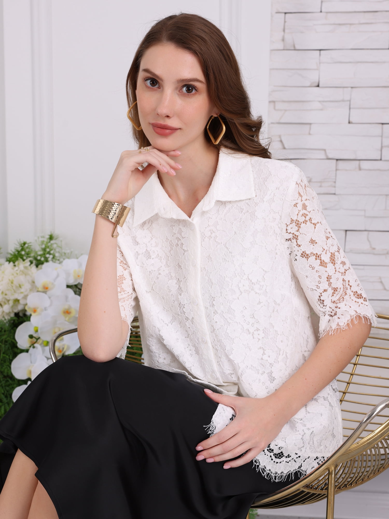 DARING DIVA Women's Lace Shirt Work Mesh Sheer Floral Business Casual Top XL White