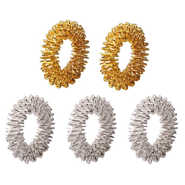 FELTECHELECTR 5 anillos de masaje con pinchos para dedos, anillo de acupresión sensorial, juguete antiestrés para niños y adultos (2 anillos dorados + 3 anillos plateados)