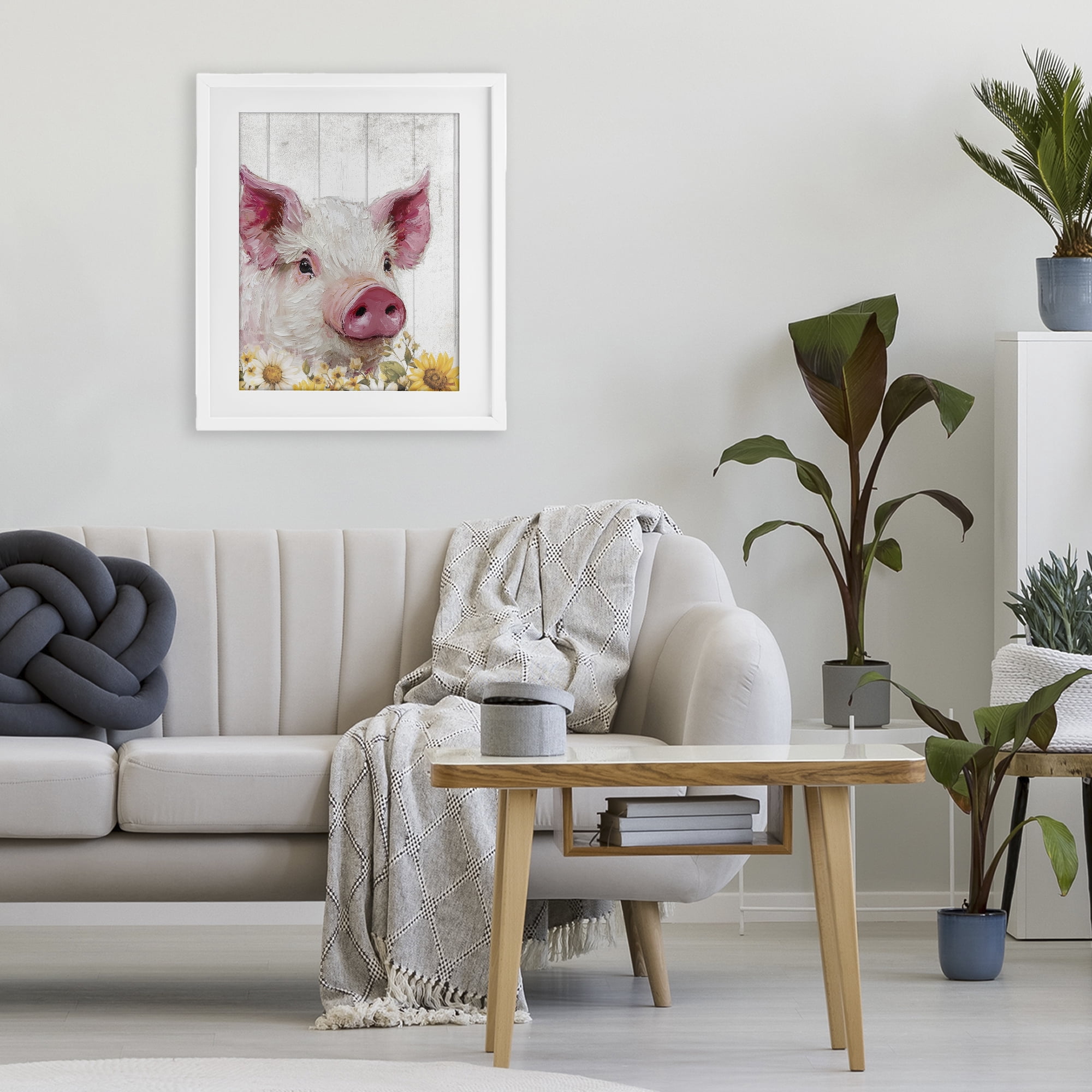 Stupell Industries Pig and Sunflowers White Framed Print Under Glass, design by Christine Simpson Art