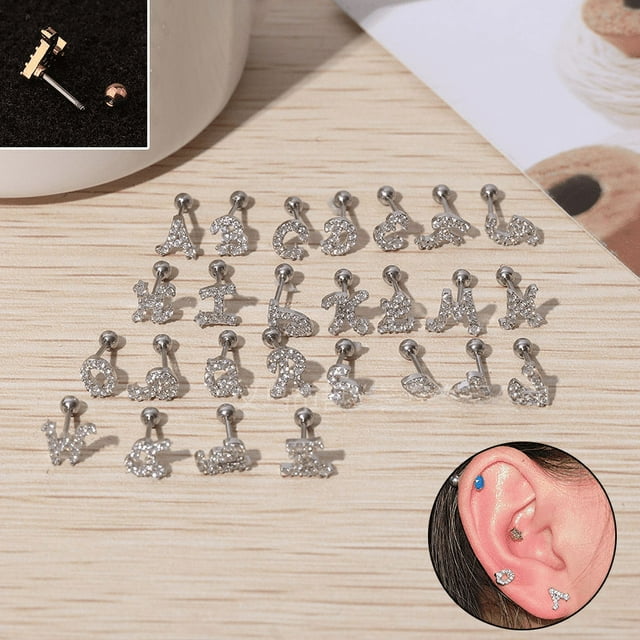 Pendientes de acero inoxidable con hebilla de tornillo de 20 g, 26 letras, tachuelas para oreja, alambre de circonita con microincrustaciones