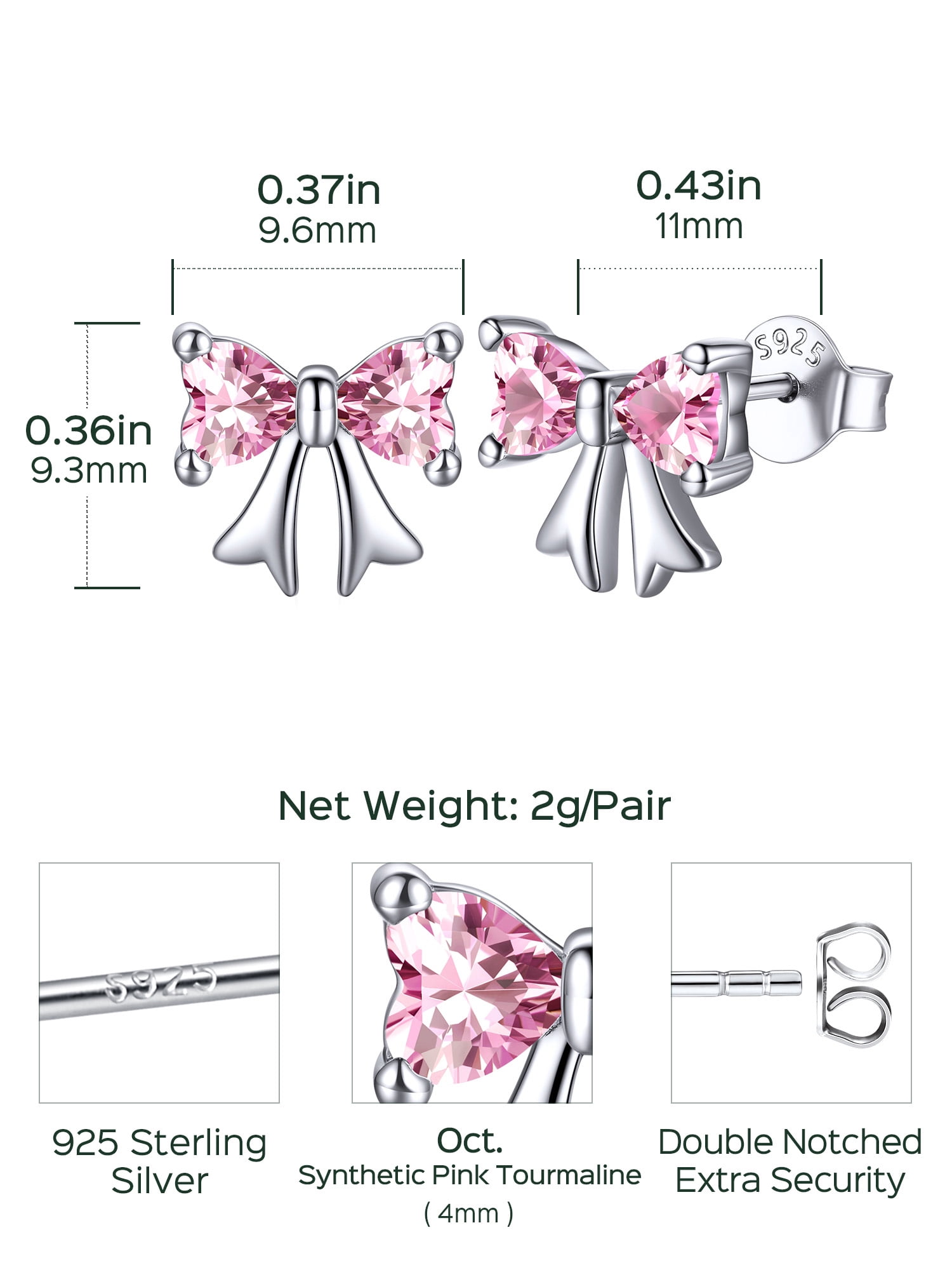 ChicSilver 925 Sterling Silver Stud Earrings Hypoallergenic Created Tourmaline Stud Earring Pink Bow Earring October Birthstone Earrings for Women