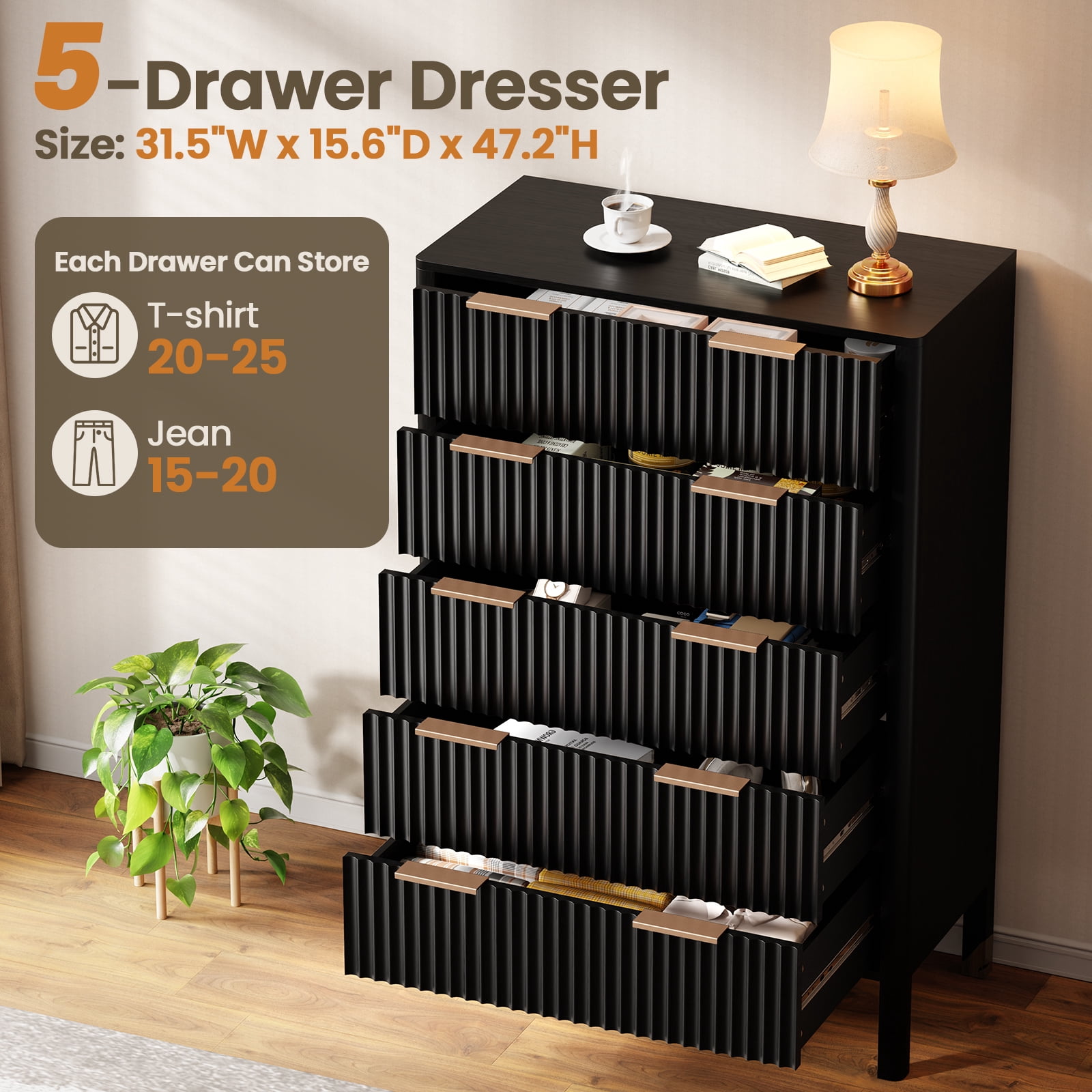 Fluted 5 Drawer Dresser for Bedroom 47" Wide Wooden Dresser TV Stand Modern Storage Organizer for Living Room, Hallway, Black