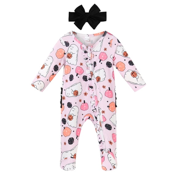 Staki Fall Baby Girl Clothes Newborn Halloween Outfit Pumpkin Onesie Romper Waffle Knit Long Sleeve Zip Jumpsuit(Pink,0-3 Months)