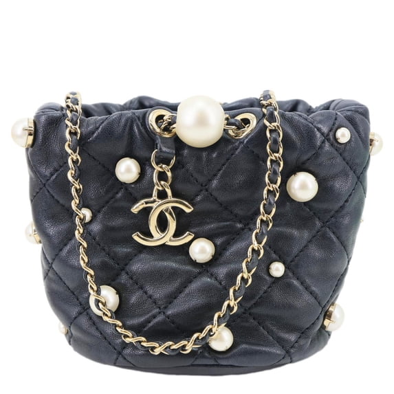 Pre-Owned Chanel About Pearls Mini Quilted Lambskin Leather Drawstring Bucket Crossbody Bag Black