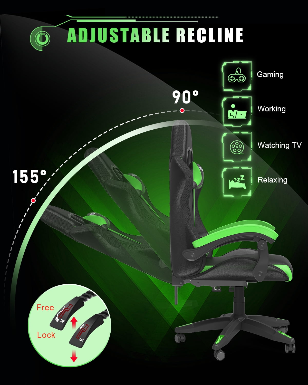 Bigzzia Gaming Chair with LED Lights, Computer Chair with Lumbar Support, Ergonomic High Back Video Game Chair with Swivel Seat and Headrest, Green
