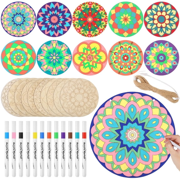 DIY Unfinished Wood Craft to Paint, Wooden Mandala Painting Kit, Including 10 Unfinished Wood Cutouts, 12 Markers, and 1 Hanging Rope