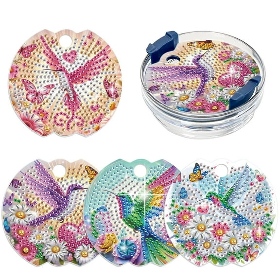 4pcs DIY Diamond Painting Cup Lid Kit Floral Bird Mosaic Craft For Decorating Cup Lids, Water Cups, and Thermoses