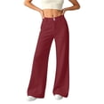 thumbnail image 5 of Women Solid Elastic High Waist Flare Pants with Side Pockets, Loose Daily Casual Full Length Trousers Wine L(L), 5 of 8