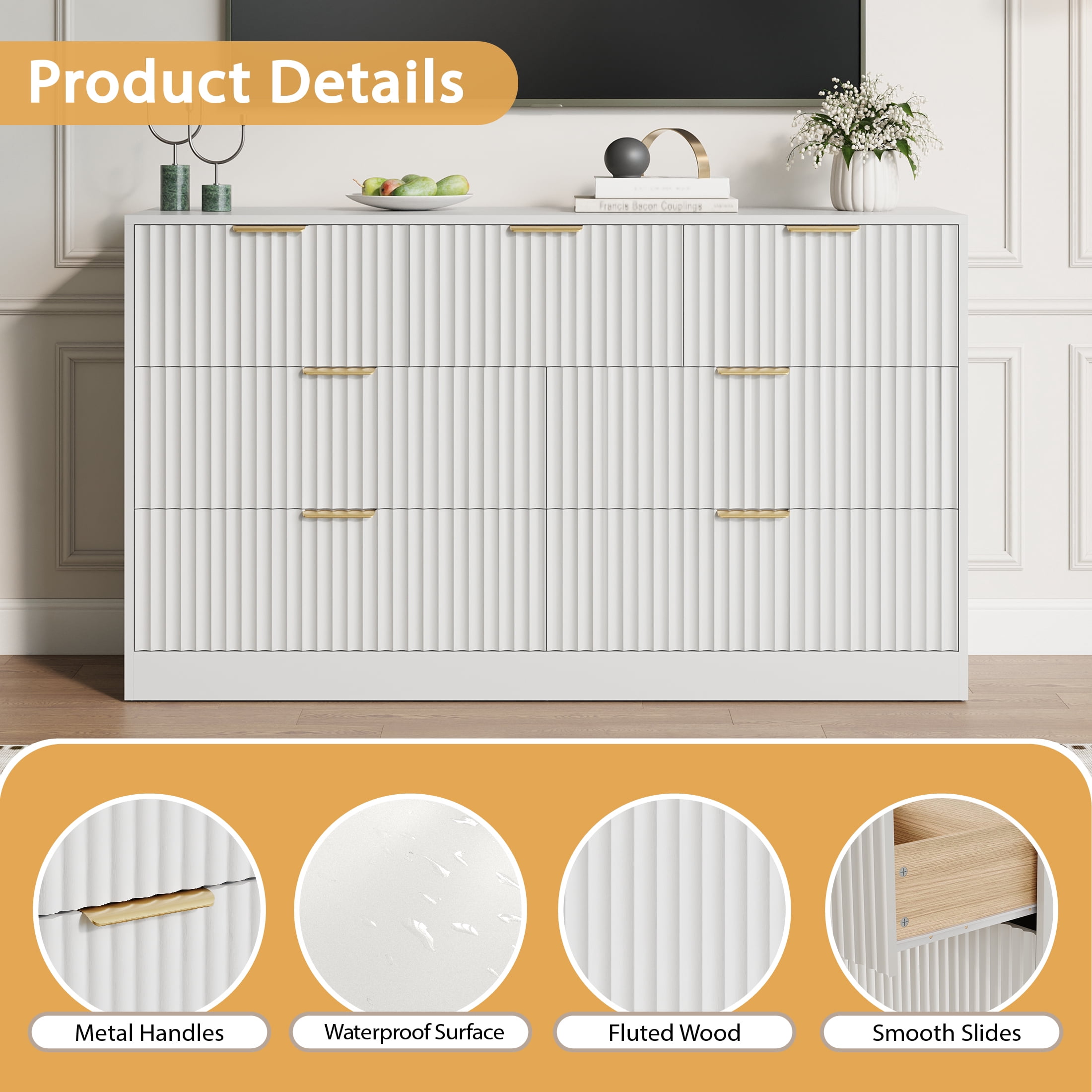 YouTrend 55.1"W Fluted Dressers for Bedroom with 7 Drawers,Modern Chest of Drawer TV Stand for Adults,Wood Clothes Storage for Living Room,White