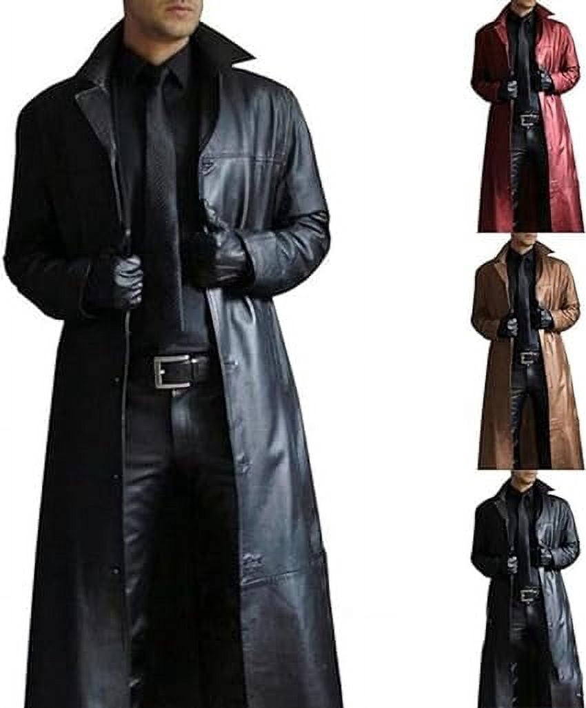Mens Leather Trench Coat Full Length Black Classic Faux Leather Long Coat Retro Black Leather Jacket Long Steampunk Overcoat