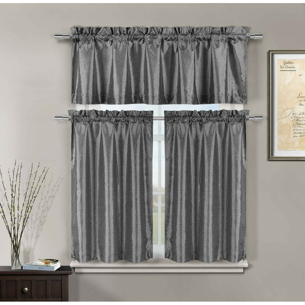 3 Pc Gray Kitchen Window Curtain Set: Faux Silk, Metallic Raised Pin ...
