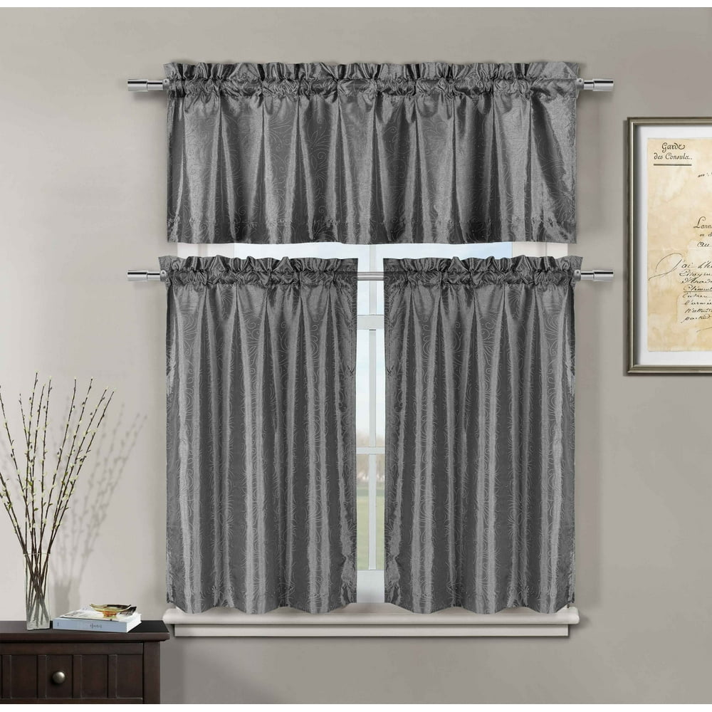 3 Pc Gray Kitchen Window Curtain Set Faux Silk, Metallic Raised Pin