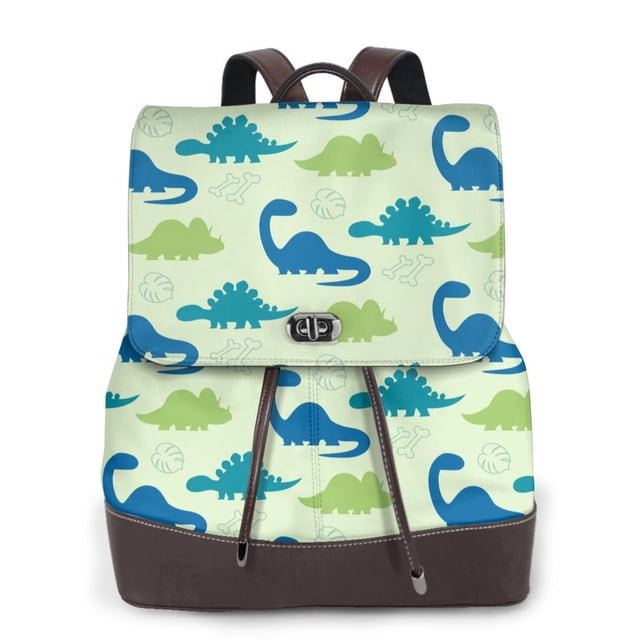 Disketp Cute Dinosaur Blue Green Mochila de Cuero para Mujer, Bolso de Espalda Antirrobo con Estilo para Viaje, Trabajo y Uso Diario