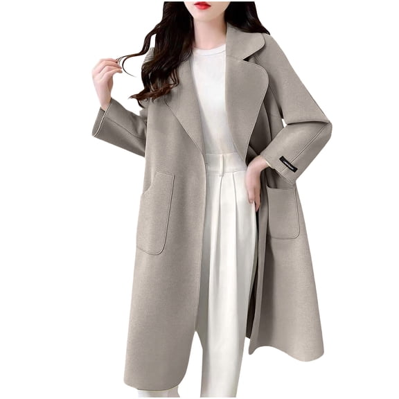 Floleo Women Notched Lapel Mid Length Wool Blend Coat Open Front Loose Oversized Long Sleeve Warm Outerwear With Large Patch Pockets For Fall Winter Daily Commute Outfits(Khaki,S)