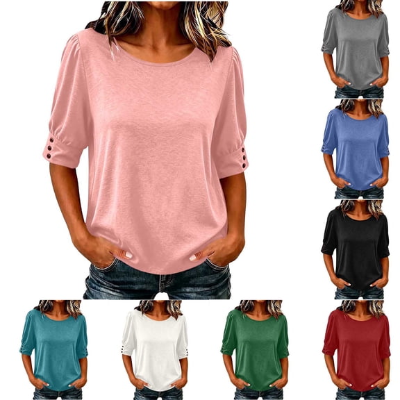 Naotn Half Short -Sleeve Shirts for Women Summer Casual Loose Fit Crew Neck Tops Trendy Beach Holiday Button Blouses