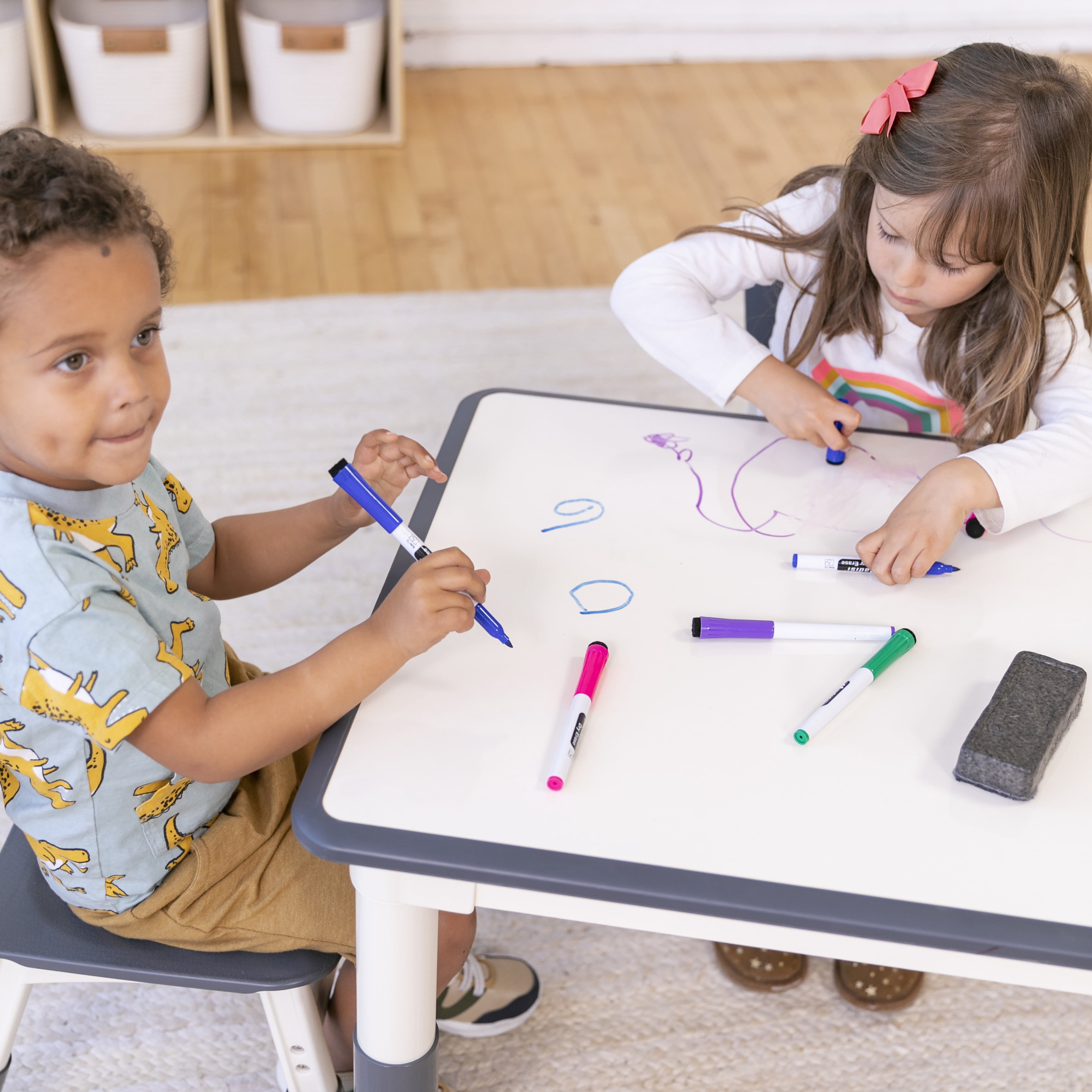 ECR4Kids Dry-Erase Rectangular Activity Table with Two Chairs, Kids Furniture, Grey, 3-Piece