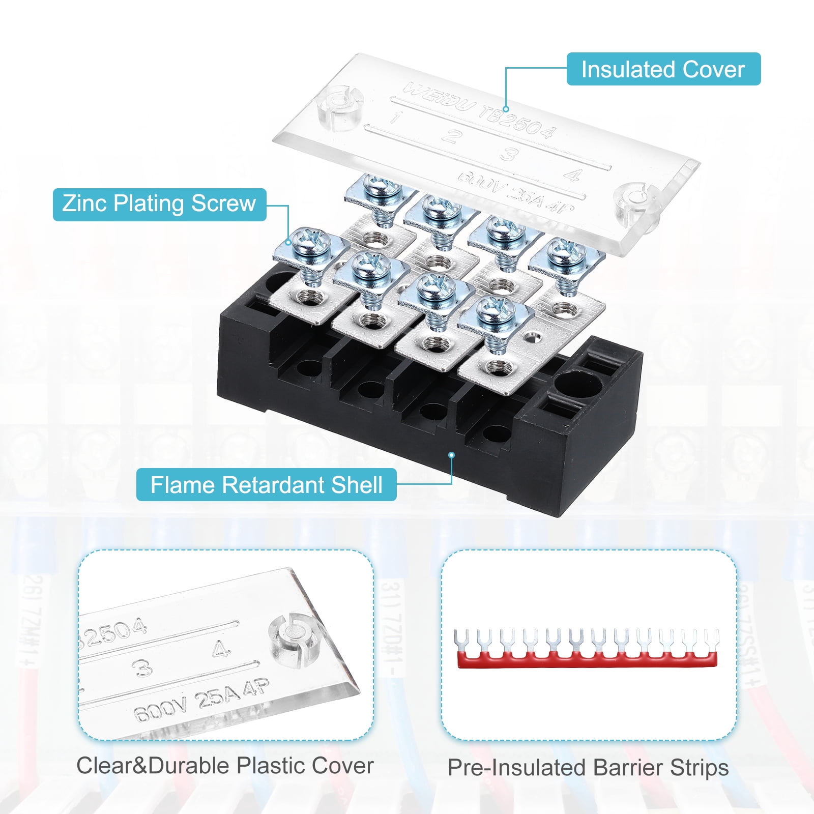 Uxcell 4 Pcs Dual Row Terminal Block, 600V 25A 12 Positions Screw Terminal Block with 4PCS Pre-Insulated Barrier Strips for Power System, Home Appliances