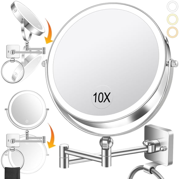 360° Rotation Adjustable 10x Large Wall Mounted Makeup Mirrror, Height Adjustable Lighted Mirror, 8" Double Sided Mirror, 1X/10X Magnifying Bathro