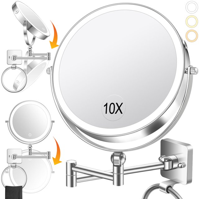 360° Rotation Adjustable 10x Large Wall Mounted Makeup Mirrror, Height Adjustable Lighted Mirror, 8" Double Sided Mirror, 1X/10X Magnifying Bathro
