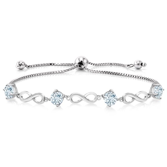 Gem Stone King 2.00 Ct Round Sky Blue Aquamarine 925 Sterling Silver Keren Hanan Women Adjustable Infinity Tennis Bracelet