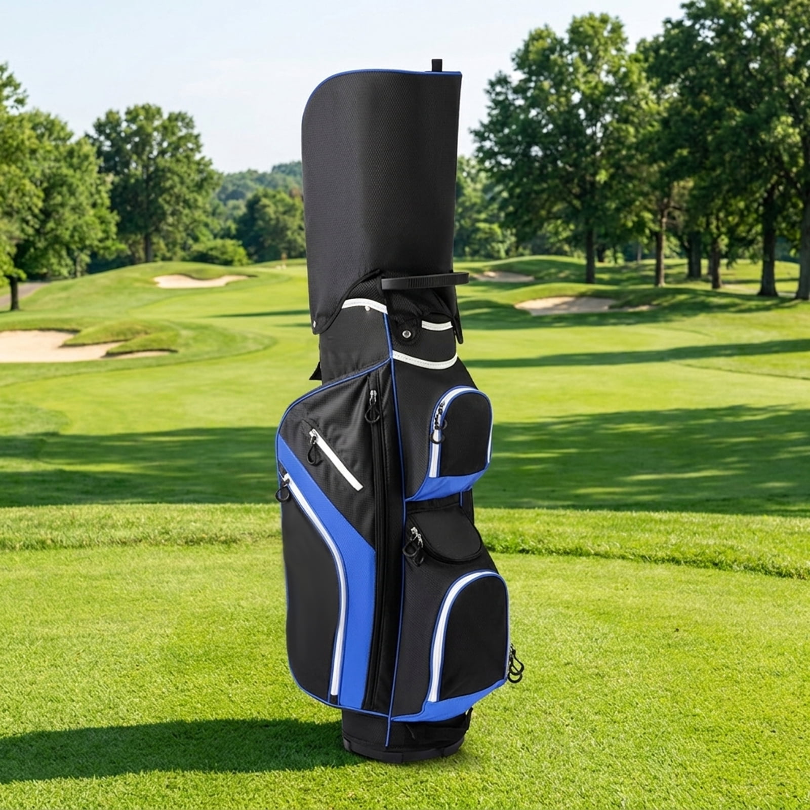 Airfind Tour-Cart 14-Way Golf Cart Bag with Color-Matched Rain Hood and Towel Ring featuring 9 zip pockets and a 9 in cart-well base for cart play, Marine Blue