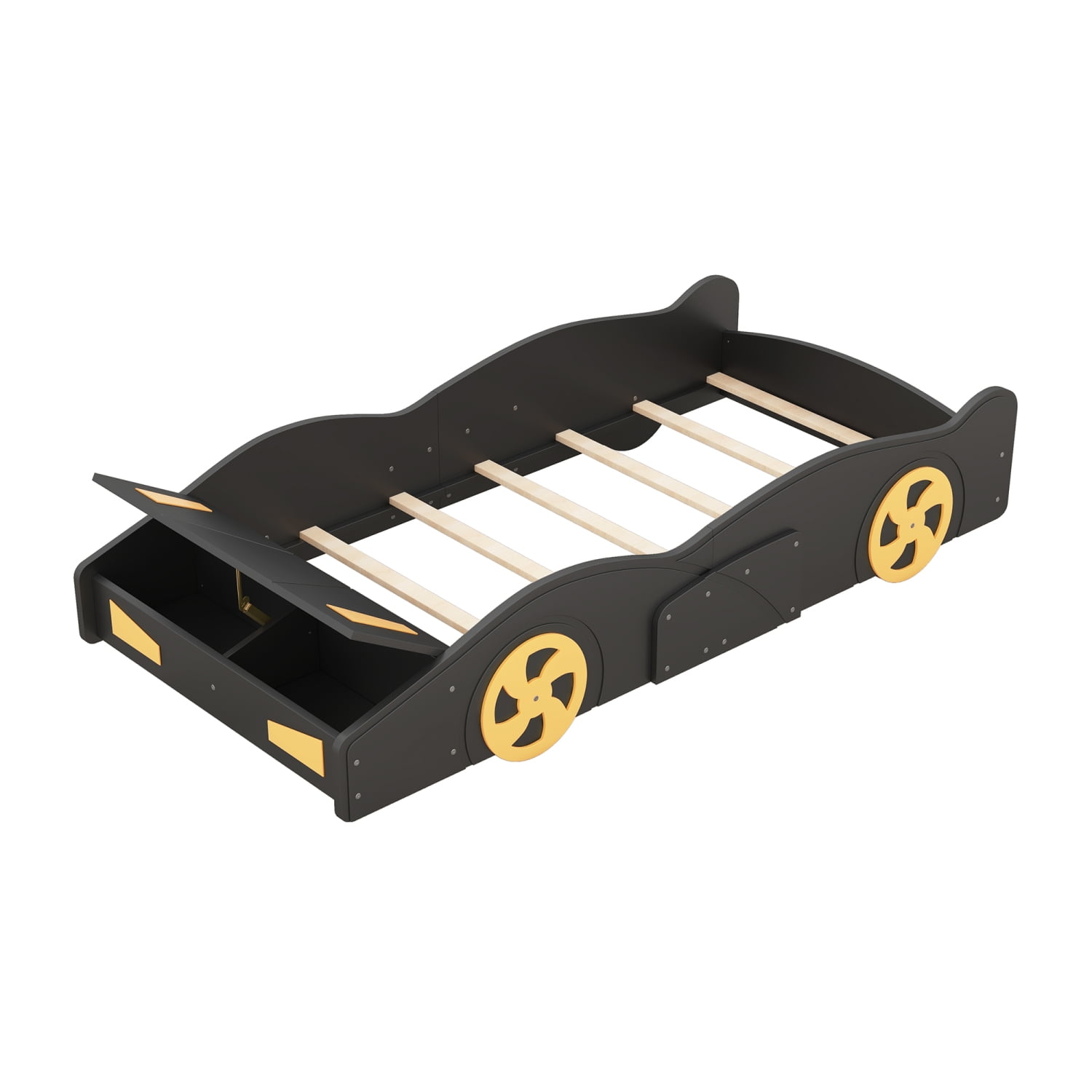 Harper & Bright Designs Twin Size Race Car Bed Platform Bed for Kids, Wood Car-Shaped Kids Bed Frame with Storage and Wheels for Boys Girls, Black