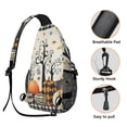 thumbnail image 3 of Sling Backpack,Halloween Pumpkins and Spooky Trees Sling Bag with Water Bottle Holder,Waterproof Sling Bag for Men/Women with Headphone Jack for Hiking,Travel, 3 of 6