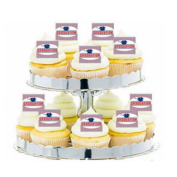 24pk Graduation Blue Red Edible Cupcake Decoration Toppers / Picks