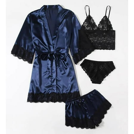 

Women s 4 Pieces Satin Pajama Set Soft Floral Lace Cami Top and Shorts Lingerie Sets Sexy Sleepwear with Robe