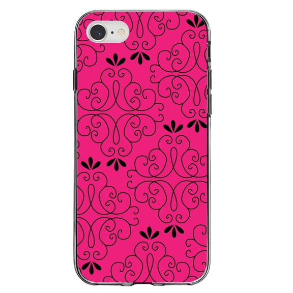 DistinctInk Clear Shockproof Hybrid Case for iPhone 7 8 SE (2020 Model) 4.7" Screen TPU Bumper Acrylic Back Tempered Glass Screen Protector - Neon Pink Black Floral Pattern