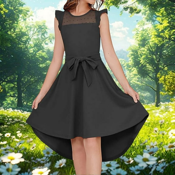 JIAYUE Girls Summer Dresses Solid Color Sleeveless Crew Neck A-Line Mid Length Elegant Ruffled Dress For Kids Stylish Layering Style